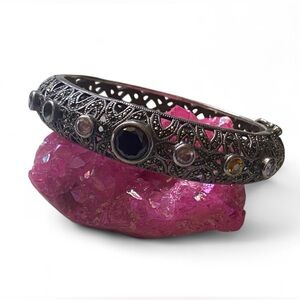 Vintage Marcasite Multi Gemstone Sterling Silver Bangle Bracelet #5011